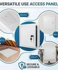 Heavy Duty Aluminum Access Panel For Drywall With Key Lock shown in ceiling, wall, attic, and utility settings.