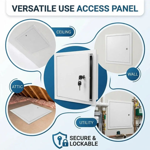 Heavy Duty Aluminum Access Panel For Drywall With Key Lock shown in ceiling, wall, attic, and utility settings.