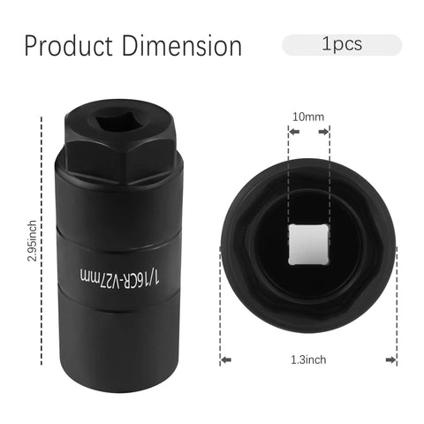 Pro Grade Oil Pressure Sensor Socket For Three Eighths Inch Drive Or One And One Eighth Inch Hex Wrench No Fuss Quick Swap For Removing And Installing Oil Sending Unit Heavy Duty Chrome Molybdenum Steel Black Finish, shown front and top view.