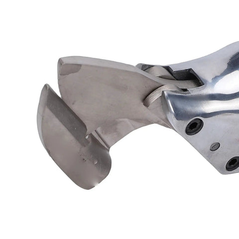 Close-up of alloy steel blades on Powerful Cordless Metal Shears With 360 Degree Pivoting Head Variable Speed Electric Cutter.