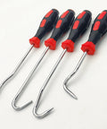 Front view: set of four hose removal tools with red and black handles and chrome shafts with hooked ends.