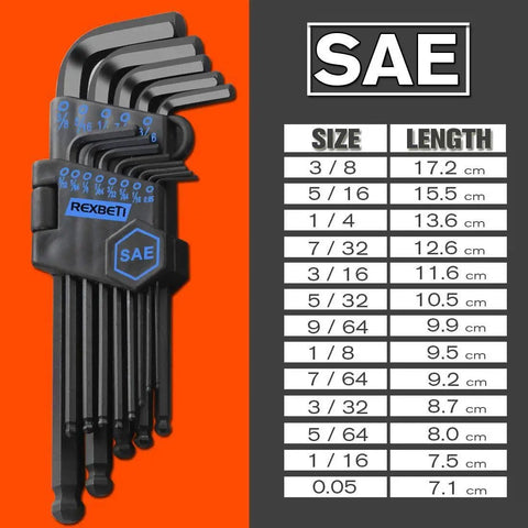 Industrial Grade 27 Piece Hex Key Allen Wrench Set In S2 Tool Steel assorted colors, showing SAE sizes and lengths chart.
