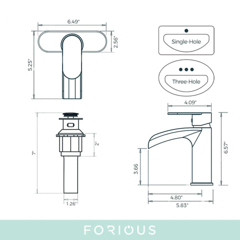 Technical diagram of Waterfall Bathroom Faucet With Single Lever Handle Matte Black Brass Sink Faucet 1 Hole 6 Inch Centerset