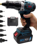 Heavy Duty Cordless Rivet Gun Set Featuring Automatic Battery Powered Operation For Smooth No Sweat M3 To M12 Sheet Metal Installation Included With Two Full Capacity Packs showing the tool in hand with multiple attachment heads.