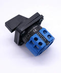 Front view of 5 Position Changeover Selector Switch LW26-20-4/2 Latching Rotary Cam Controller, black and blue, with 8 terminals.