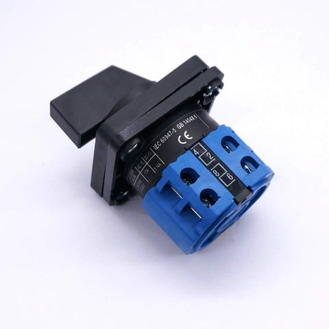 Front view of 5 Position Changeover Selector Switch LW26-20-4/2 Latching Rotary Cam Controller, black and blue, with 8 terminals.