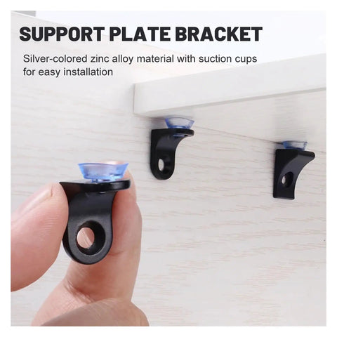 Right Angle Cabinet Shelf Clips 20 Pack With Suction Cup Glass Base Support shown holding a shelf securely.