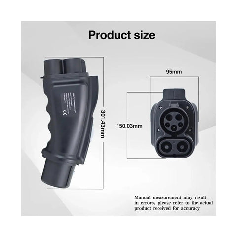 CCS1 to CHAdeMO EV Adapter DC 1000V 250A Heavy Duty with size dimensions displayed for reference.