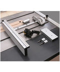 Knockout Precision Aluminum Router Fence With Quick Grip Flip Stop And Pro Miter Gauge Angle Measuring Ruler For Straight Shot Woodworking 450 To 800 Millimeters showing components on a worktable.