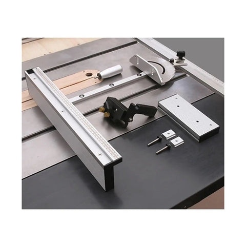 Knockout Precision Aluminum Router Fence With Quick Grip Flip Stop And Pro Miter Gauge Angle Measuring Ruler For Straight Shot Woodworking 450 To 800 Millimeters showing components on a worktable.