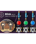 Blink LED Soldering Kit A Hands On Starter Electronics Project Pack For Beginners Perfect For STEM Classes And Events Includes Battery PCB Components And Clear Instructions For Fun Interactive Light Circuit Building on purple PCB with LEDs and battery holder.