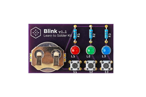 Blink LED Soldering Kit A Hands On Starter Electronics Project Pack For Beginners Perfect For STEM Classes And Events Includes Battery PCB Components And Clear Instructions For Fun Interactive Light Circuit Building on purple PCB with LEDs and battery holder.