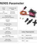 MG90S Micro Servo 9G Geared Servo For RC Hobbyists with specifications and components display