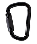 Black metal locking carabiner with textured grip in closed position