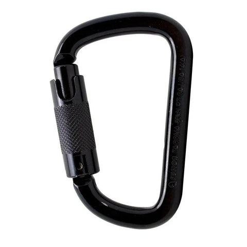 Black metal locking carabiner with textured grip in closed position