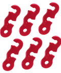 Six Piece Aluminum Cord Buckles For Tent Ropes Quick Knot Adjusters Antislip Tighteners in red, front view