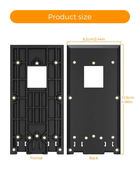 Product size diagram showing front and back of No Drill Ring Doorbell Mount For Renters Adhesive Stick On Solution.