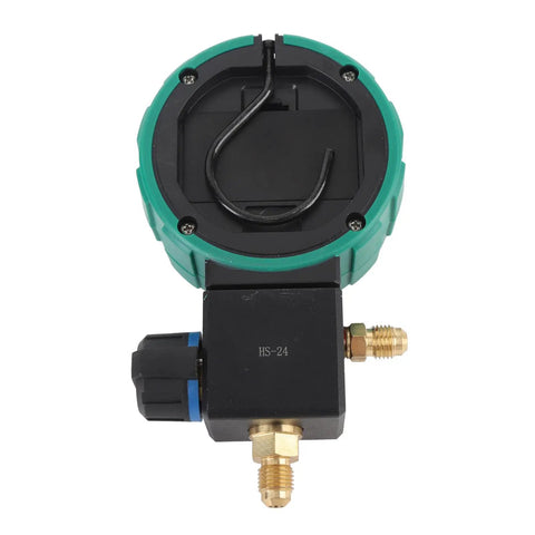 Professional HVAC Pressure Gauge Set With Digital Meter For Car AC Cooling System Charging And Quick Leak Detection showing dial and connectors.