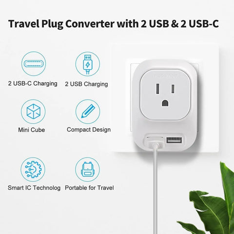 Universal 220V to 110V Voltage Converter for US to Europe Jet Set Travel Plug Adapter with 2 USB A Ports and 2 USB C Ports in socket
