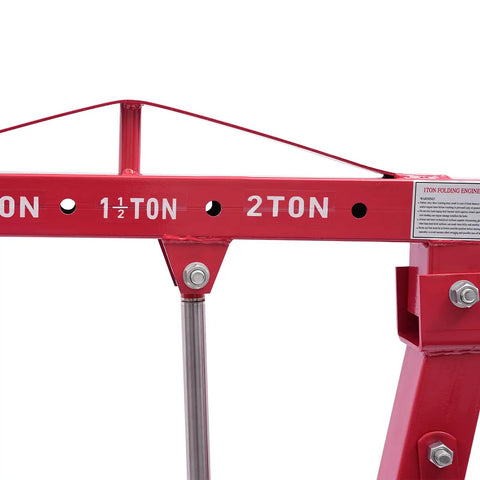 Premium Heavy Duty 1 Ton Folding Hydraulic Engine Hoist Shop Crane With Wheels showing red steel frame and weight capacity markings.