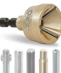 ORXPLUS external deburring chamfer tool with tungsten blade and hex shank; gold-tone body, front-angled view