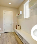 Slick 4 Inch Led Ceiling Light Low Profile Surface Mount Downlight Wet Rated Matte White Trim in a modern entryway.