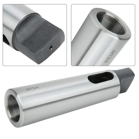 MT5-to-MT4 taper reducing drill sleeve in silver high-speed steel; shows bore opening and drive end.