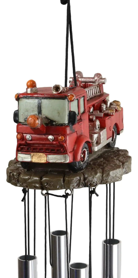 Red Fire Engine Wind Chime For Patio And Garden Decor Fire Fighter Theme Fire Truck Model With Hydrants 20 Inch Tall Resin