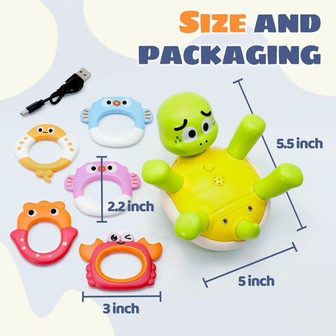 Rechargeable Turtle Bath Toy Sprinkler For Toddlers With Five Rings And Belly Sprayer Tub Toy For Bathtub And Pool, size details shown