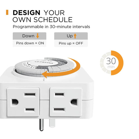 24 Hour Mechanical Timer Outlet With Two Grounded Outlets For Lamps And Holiday Lights, Set And Forget Auto On Off Switch