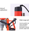 Powerful 1280W Portable Magnetic Drill Press With Super Strong Electromagnet For Heavy Duty Metal Drilling Tasks Up To 1 Point 38 Inch Core Diameter And 660 RPM Speed For Industrial Job Sites close-up of control handle and motor specifications.