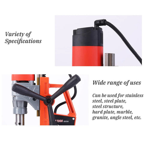 Powerful 1280W Portable Magnetic Drill Press With Super Strong Electromagnet For Heavy Duty Metal Drilling Tasks Up To 1 Point 38 Inch Core Diameter And 660 RPM Speed For Industrial Job Sites close-up of control handle and motor specifications.