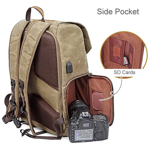 Beefy Retro Batik Canvas Backpack For DSLR Gear, showing side pocket and camera storage compartment with straps and SD card holder.