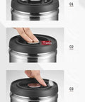 1600 Ml Vacuum Sealed Coffee Canister With Hand Pump Lid And Moisture Proof Lock demonstrating air removal process.