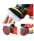 Get Ready To Sand Like A Pro With This Killer 20 Pack Of 4 Inch Hook And Loop Sanding Discs Spanning From 60 To 1000 Grits Perfect For Heavy Duty Wood Metal Or Composite Work That Smells Great, showing sanding discs on sander.