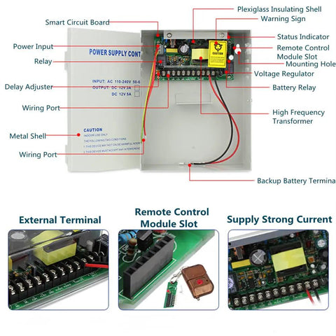 Heavy Duty Access Control Power Supply Box 110 to 240VAC Input 12VDC Output Switching Supply for Door Access System UPS 5A Max
