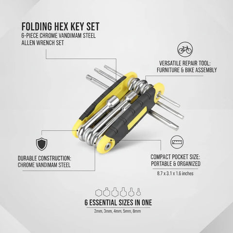 Compact 6-Piece Chrome Vanadium Hex Key Set For Furniture Assembly Bike Repair And Diy Projects folding 6-size wrench, 8.7 in