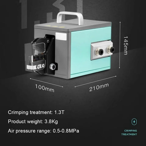 Heavy Duty Pneumatic Terminal Crimping Machine Air Powered Wire Crimper showing dimensions and ports for 0.25 to 10mm2 Cables.