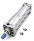Beefy And Rugged Heavy Duty Pneumatic Air Cylinder With Two And One Half Inch Bore And Seven Point Eight Seven Inch Stroke Double Acting Single Rod M16 By One And A Half Threaded Rod Includes Two Push In Fittings Port Three Eighths, aluminum body
