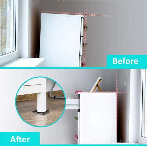 Plastic Leveling Shims Set 36 Pieces In A Jar for DIY Furniture Levelers stabilizing cabinet, before and after comparison