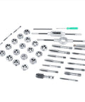 Awesome Mtlavishness 40Pcs Alloy Steel Tap Die Set With Wrenches And Thread Gauge For Heavy Duty Repair Bench Work And Craft Projects Stored Neatly In Organized Kit, assorted taps and dies laid out