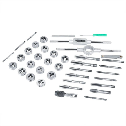 Awesome Mtlavishness 40Pcs Alloy Steel Tap Die Set With Wrenches And Thread Gauge For Heavy Duty Repair Bench Work And Craft Projects Stored Neatly In Organized Kit, assorted taps and dies laid out