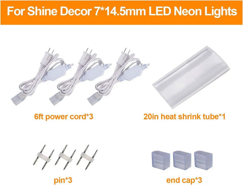 6 Foot LED Power Cord For 7 By 14.5mm LED Single Color Neon Rope Lights Only Pack Of 3 with 20in heat shrink tube and end caps