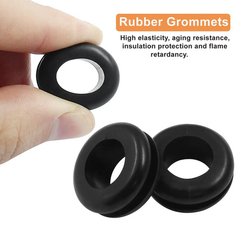 Close-up of 30 Pieces Rubber Grommets One Half Inch ID with Nine Sixteenths Inch Drill Hole, durable wiring grommets.