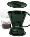 Pour Over Coffee Dripper Kit With Filters 18 Ounce Capacity BPA Free Plastic Dark Green Includes 100 Filters Easy Clean Mess Free Brew At Home Barista Style shown with lid and coffee cup