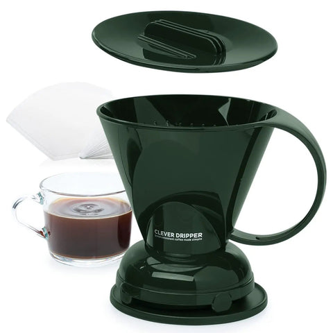 Pour Over Coffee Dripper Kit With Filters 18 Ounce Capacity BPA Free Plastic Dark Green Includes 100 Filters Easy Clean Mess Free Brew At Home Barista Style shown with lid and coffee cup