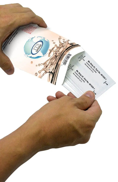 Fast Manganese Water Test Strips Kit 12 Tests For Groundwater Analysis showing hands holding sealed test strips.