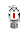 Set Of Two Upright Fire Sprinkler Heads With Half Inch Npt Threads Chrome Plated Copper Housing One Fifty Five Fahrenheit Activation close-up view of a chrome sprinkler head with red bulb