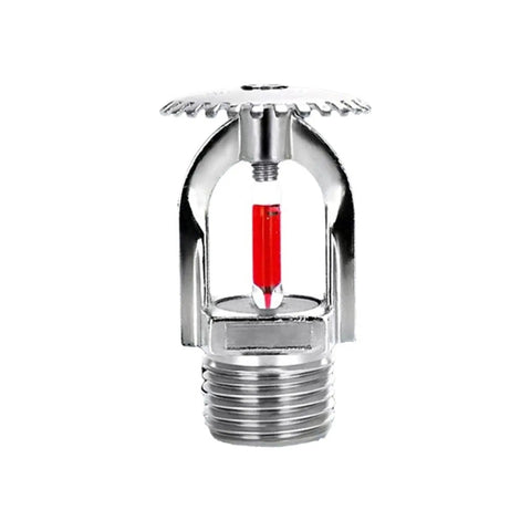 Set Of Two Upright Fire Sprinkler Heads With Half Inch Npt Threads Chrome Plated Copper Housing One Fifty Five Fahrenheit Activation close-up view of a chrome sprinkler head with red bulb