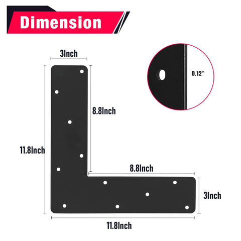 Dimensions of Heavy Duty L Shape Bracket Set, 4 Pcs 12x12 Mending Plates with Black Powder Coat shown with 0.12" thickness